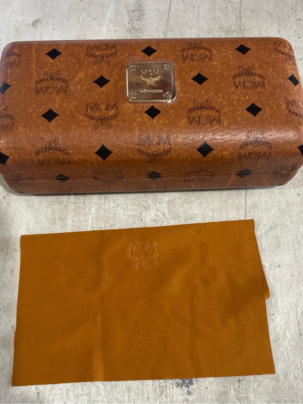 MCM Cognac Monogram Hard Shell Sunglass Case with Gold Plaque